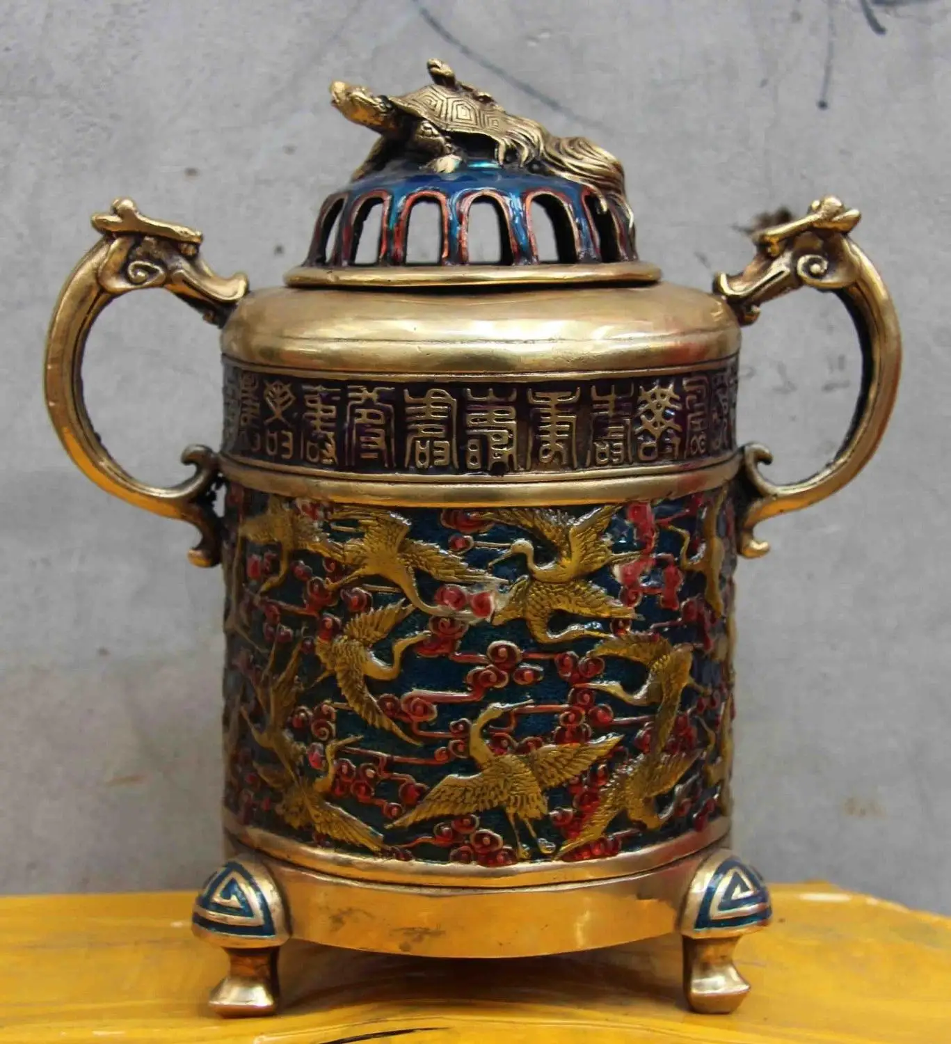 

8 Folk Copper hundred Red crown Crane tortoise Longevity Censer Incense Burner SD 506