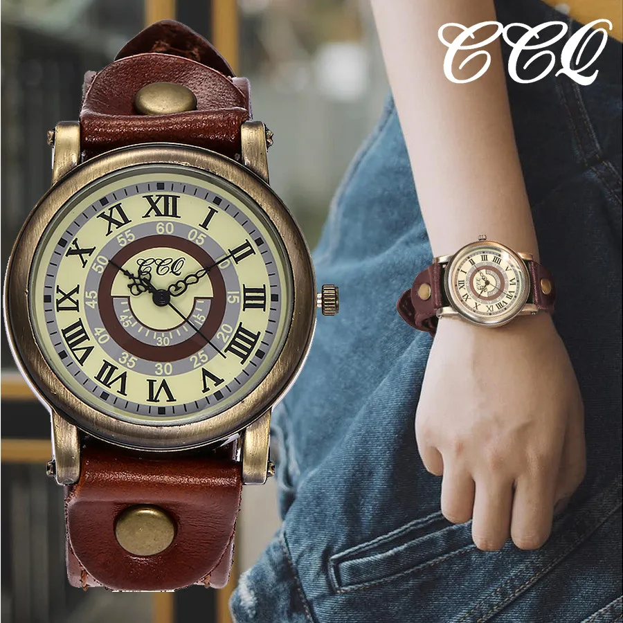 

Vintage Leather Ladies Watch Roman Numerals Bracelet Watch Antique Bronze Dial Women Watch Quartz WristWatch Relojes Mujer #W