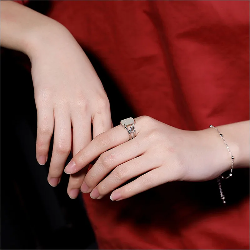 Безглистое Настоящее 925 пробы Серебряное кольцо с листьями бамбука для женщин натуральное Нефритовое квадратное кольцо с полым драгоценным камнем хорошее ювелирное изделие