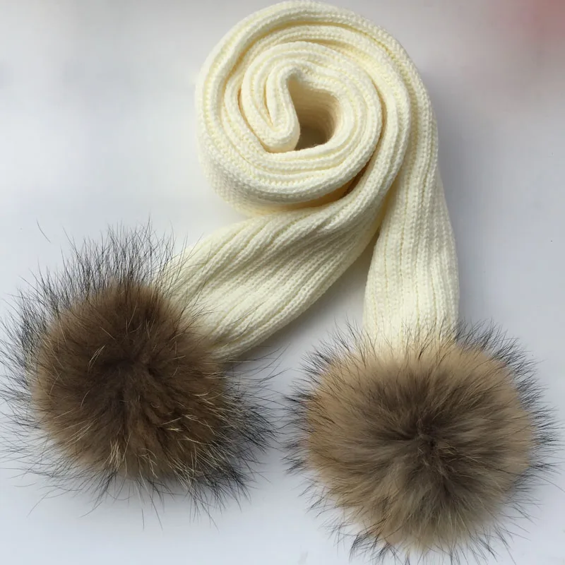 150*16cm crochet Children Scarf wool Knitted Winter Fur Scarves With Detachable Real Raccoon Fur Pom Poms neckwarmer scarf