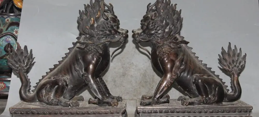 

13" Chinese Purple Bronze Gilt Guardian Foo Dog Lion kylin beast Chi-lin Pair