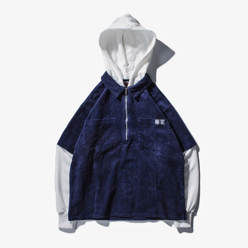 

men's corduroy cotton color matching hoodies hip hop harajuku sweatshirt men autumn 2019 male oversized casual tops streetwear