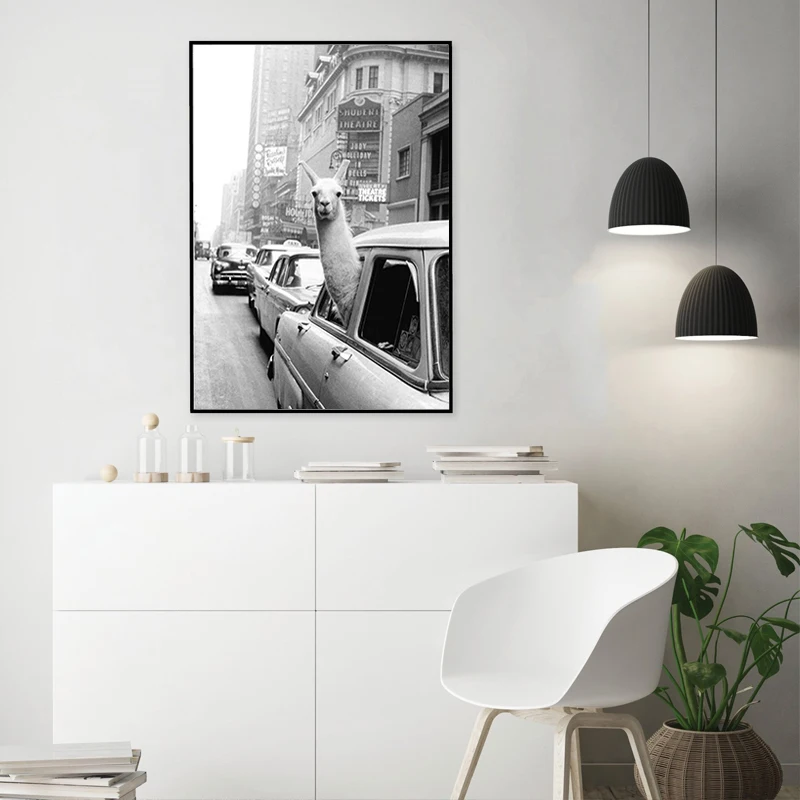 

Canvas Print Poster Nordic Home Decor Black White Alpaca In Taxi New York City Wall Art Painting Pictures Living Room Modular