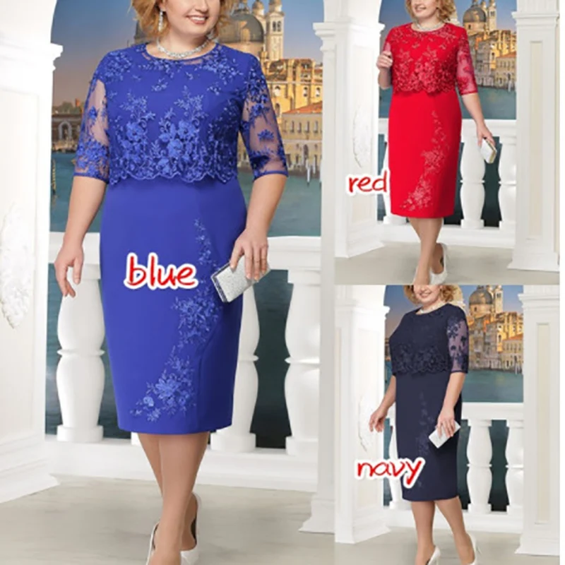Summer Plus Size Women Dress Large Size Lace Panel ONeck Solid Color Slim Office Dress Sexy Mini Bodycon Party Dresses Vestido