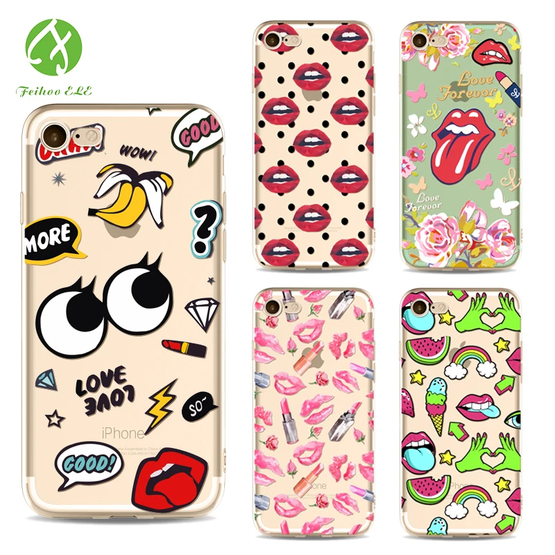 FEIHOO ELE Phone Case For Iphone X 8 8P 6s 6P 7 7P Painted Red Lips Series Cover Transparent Silicone Soft TPU Bags Cases | Мобильные