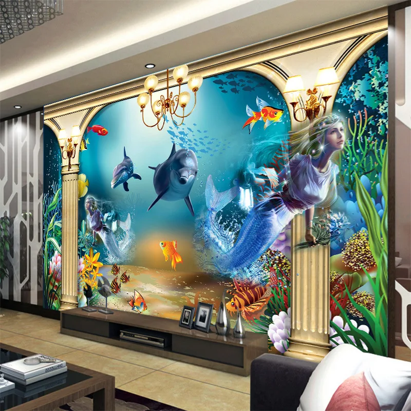 

Can be customized 3D large mural style,suitable for children livingroom in theme park undersea background scenery,