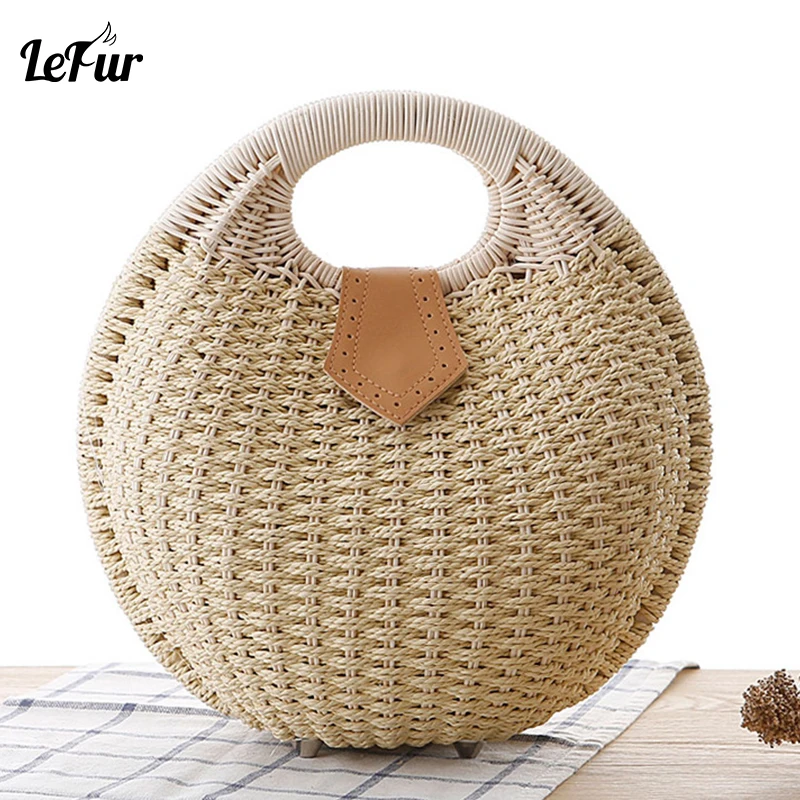 

LEFUR Rattan Bag Shell Shape Handmade Woven Handbags PU Leather Buckle Clutch Handbag Summer Purse For Women Bolsa Feminina