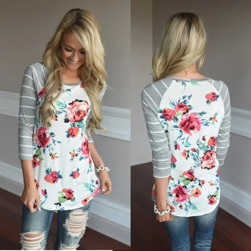 2017 New Fashion Women Loose Long Sleeve Cotton Casual font b Blouse b font Flower print
