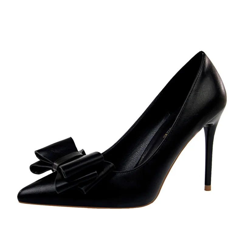 B1-1Size 34-43, женские цветные туфли-лодочки из PU искусственной кожи женская обувь без шнуровки женская свадебная обувь с бантом женская обувь на высоком каблуке - Цвет: Черный