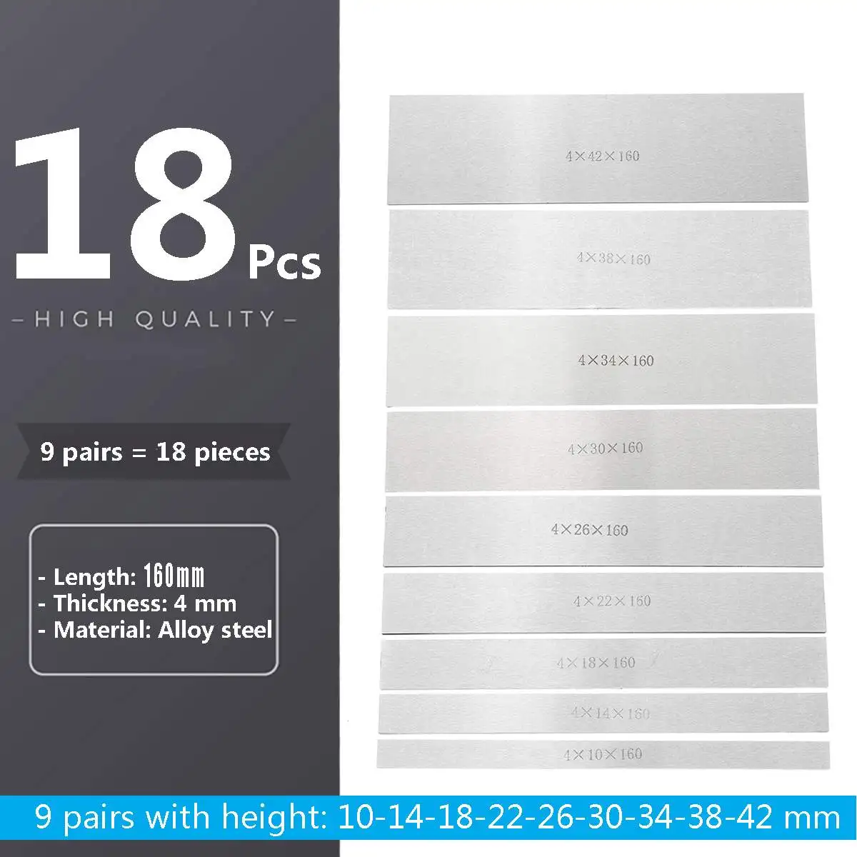 

9 Pairs 18Pcs Alloy steel Parallel Pad Gauge Block CNC Milling Pads Set 4mm x 160mm x (10-42mm) Ideal for Vice Milling Machine