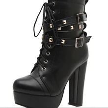 2016 New Women Ankle Boots Black Motorcycle Boots Thin High Heel Double Buckle Gothic Punk Platforms Botas Mujer Free Shipping