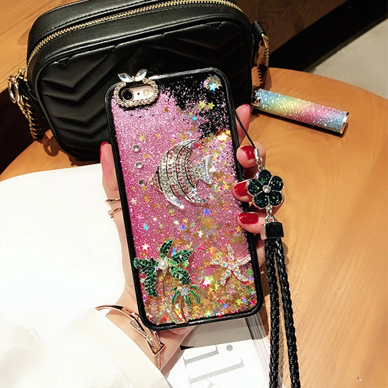 

Rhinestones case For Xiaomi Redmi 6X 8 note 4 4X 4A 5A note5A pro liquid quicksand cover for redmi note5 pro fish crystal stones