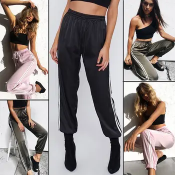

Hirigin Summer Fashion Women Sexy Pant High Waist Loose Striped Zip-up Plaid Sweatpant Drawstring Casual Trousers