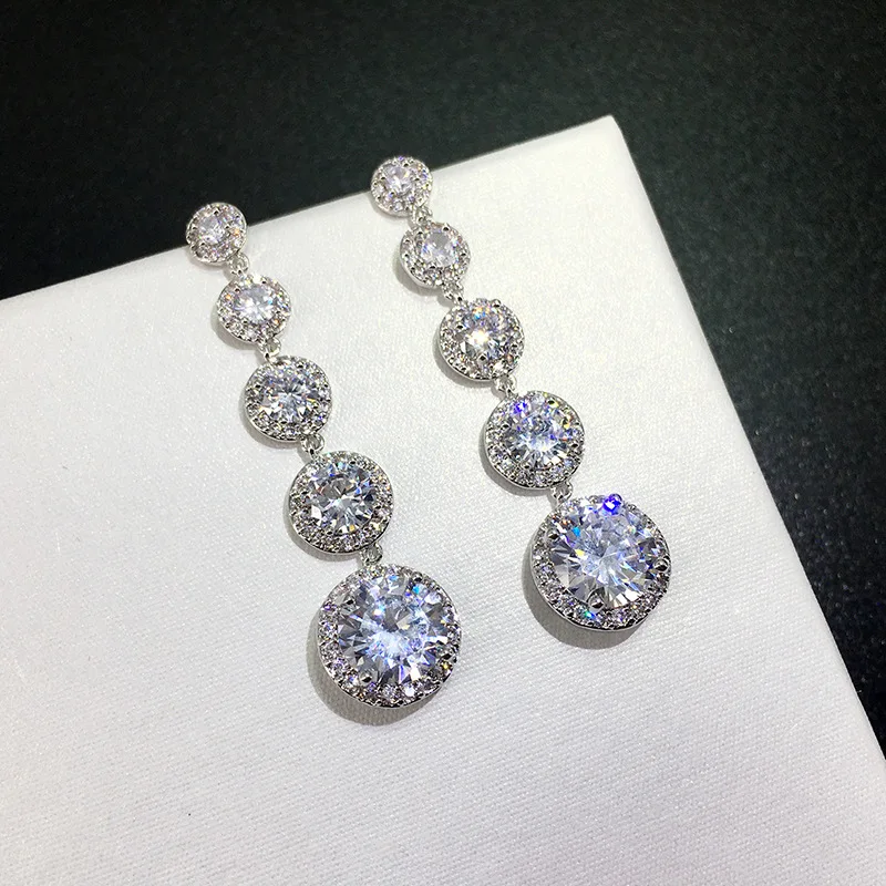 

New Fashion Female Crystal Round Drop Earrings With AAA Zircon 925 Sterling Silver Boho Wedding Jewelry Long Dangle Earrings