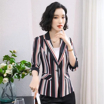

Formal Business Blazers and Jackets Coat Half Sleeve Fashion Striped Women Ladies Office Work Wear Female Tops Outwear Clothes