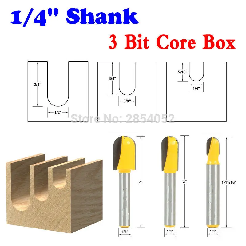 

3PC 1/4" Shank 1/8",3/16",1/4" Rad Core Box Router Bits Woodworking cutter Tenon Cutter for Woodworking Tools