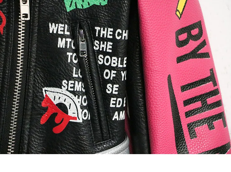Тренд-сеттер осень мода панк стиль розовый кожаный пиджак для женщин тонкий заклепки мотоциклетная куртка граффити узор
