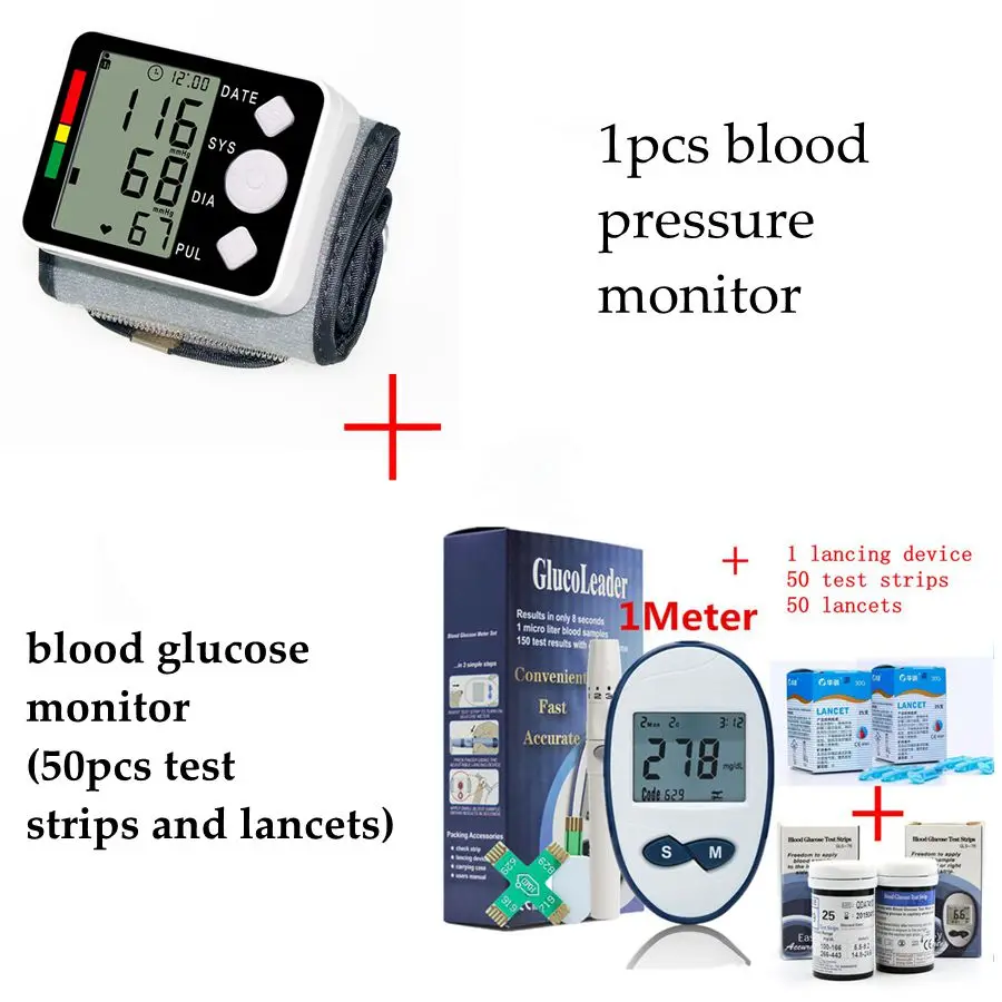 Автоматический цифровой тонометр для измерения артериального давления тонометр для запястья+ измеритель уровня глюкозы в крови с 50 полосками и иглами скарификатор; сахар в крови - Цвет: BPM and BGM 50 A