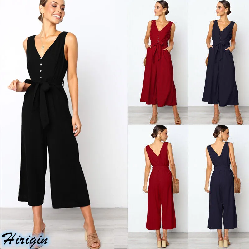 

Summer Jumpsuits 2019 New Women Casual Summer Solid Sleeveless V-neck Bow High Waist Loose Jumpsuits