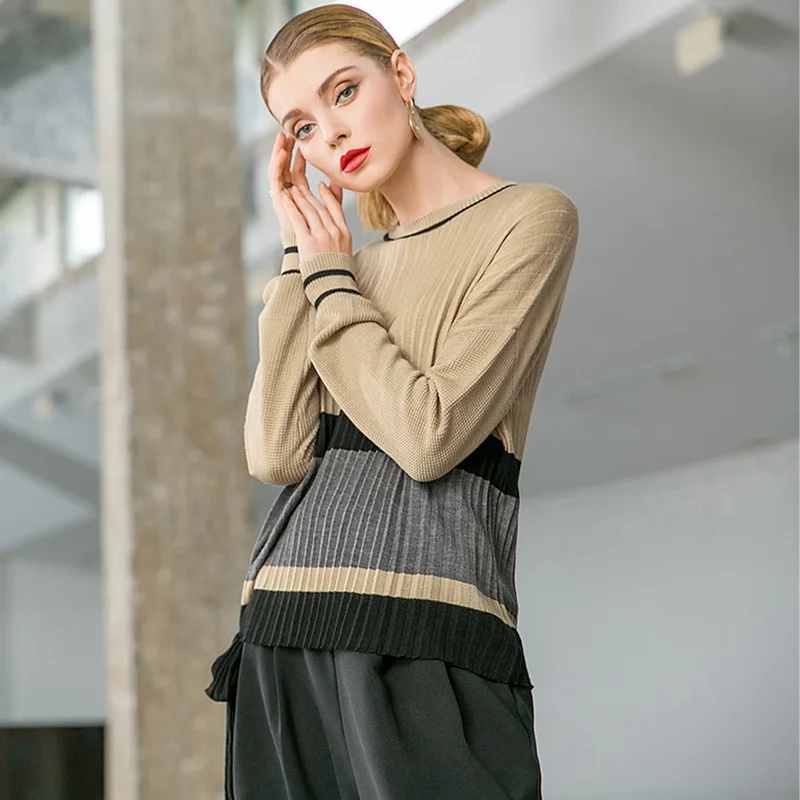 Elastic knit patchwork loose plus size pullovers pleated sweater 2018 new o-neck long sleeve women autumn sweater