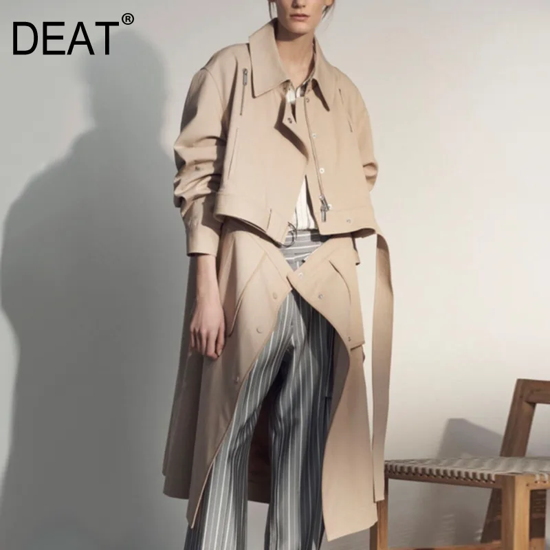 

DEAT Detachable Unique Lapel Patchwork Sashes Trench Coat For Women Zippers Long Section Autumn Casual Clothes Windbreaker BE203
