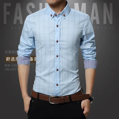 Новое поступление Для мужчин рубашка Для мужчин s деловые рубашки в повседневном стиле человек известный брендовая одежда в клетку с длинными рукавами Camisa Masculina Размер S-5XL - Цвет: Небесно-голубой