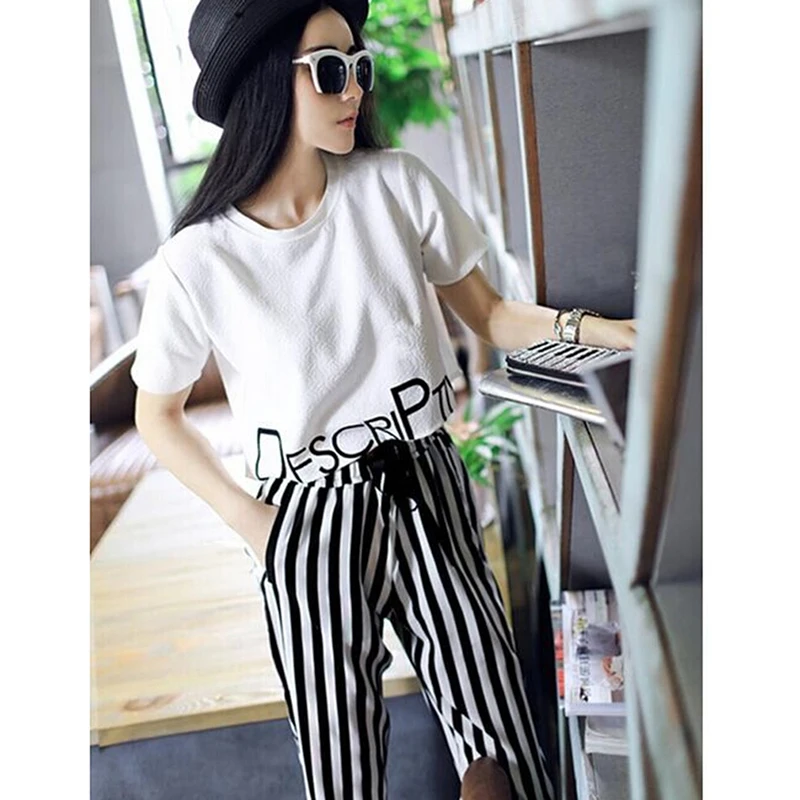 Womens Set Summer White Letter Printed T Shirt Sexy Cropped Tops Drawstring Pants Calf Length Casual Tracksuit Women Clothing