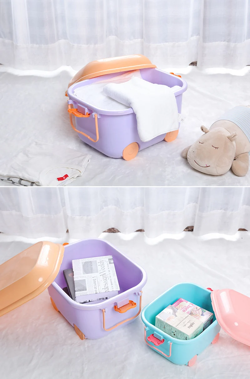 Милый пластиковый ящик для хранения игрушек с крышкой животный узор Стекируемый детский игрушечный Органайзер коробка с колесами Cajas Organizadoras