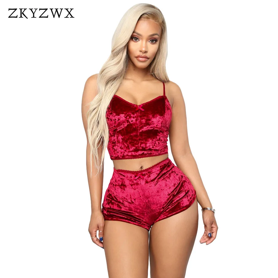 ZKYZWX Velour Spaghetti Strap Tracksuit Sexy Two Piece Set Crop Tops+shorts Womens Outfits