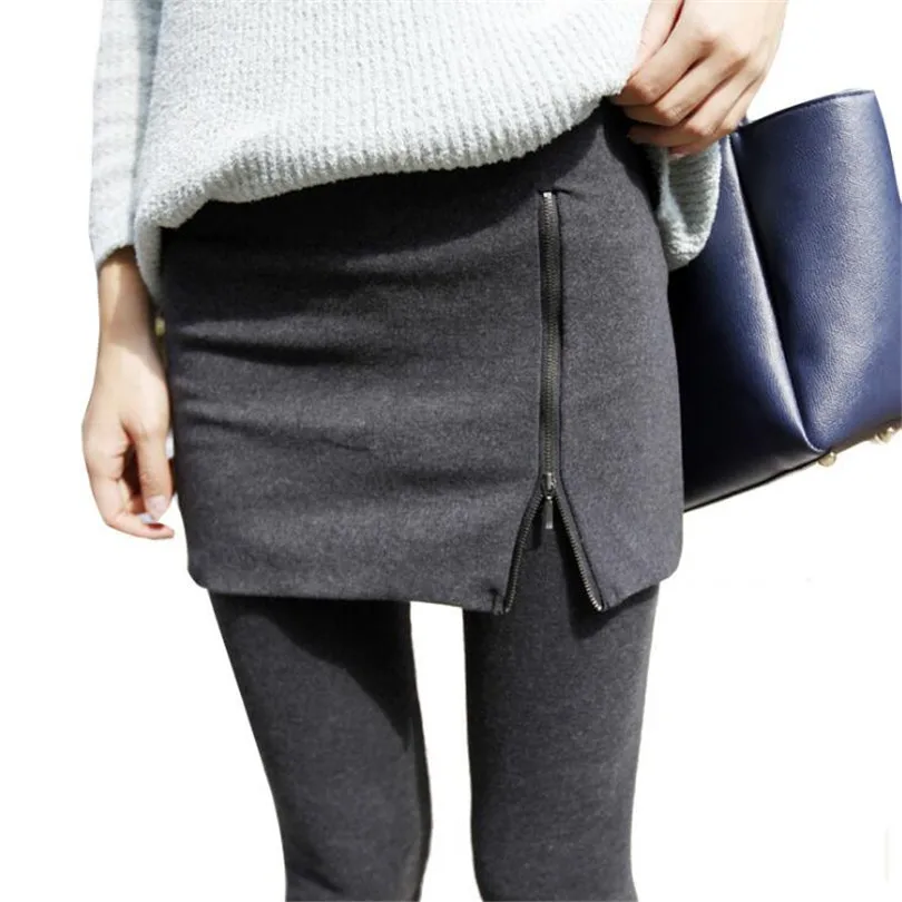 

YGYEEG Autumn Side Zipper Leggings Women Cotton Culottes Legging Female Leggins Spring Stitching Fake Two Pieces Skirt Legging