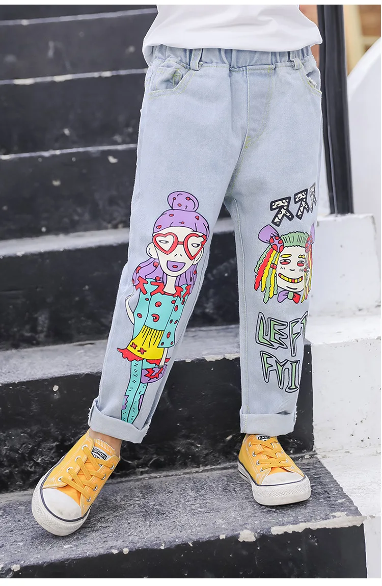 ZSIIBO Girl's jeans Girls nine points jeans new autumn clothes cartoon anime beauty jeans