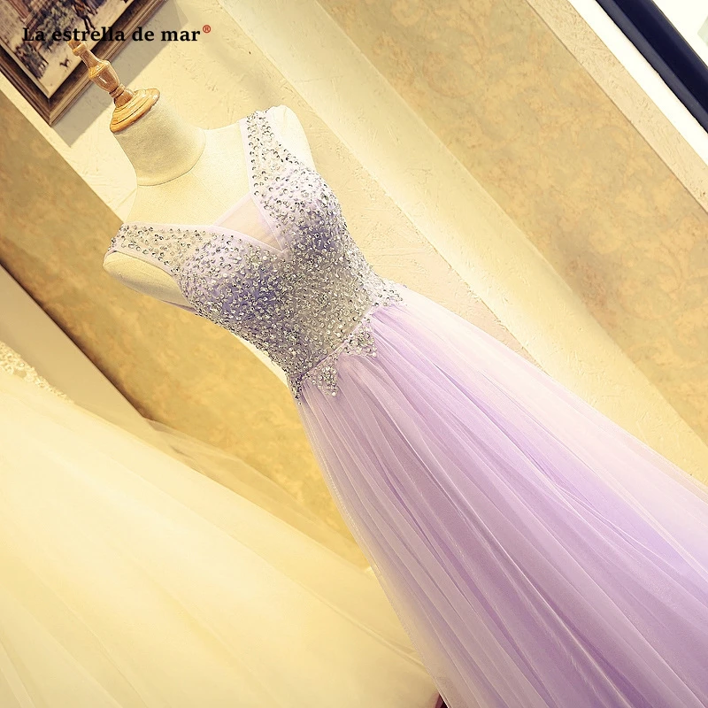 Vestidos de damas de honor boda, новинка, тюль, кристалл, сексуальный v-образный вырез, ТРАПЕЦИЕВИДНОЕ лиловое платье подружки невесты, длинное свадебное платье, настоящая фотография