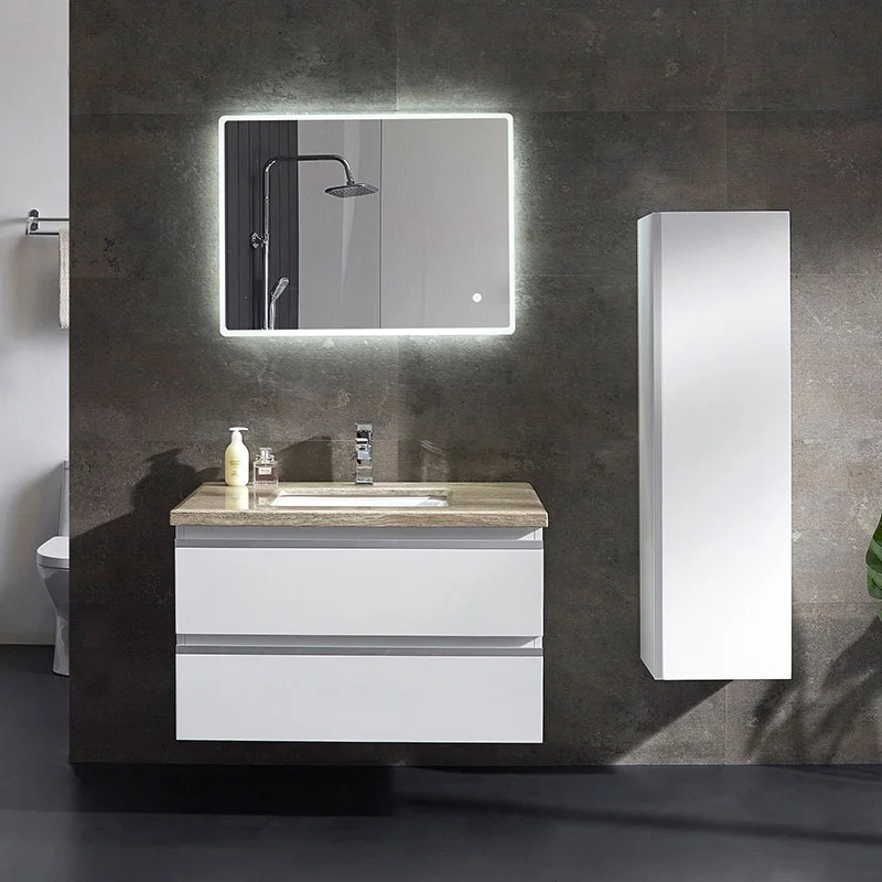 Tocador de baño blanco moderno personalizado con 2 espejos y luces en