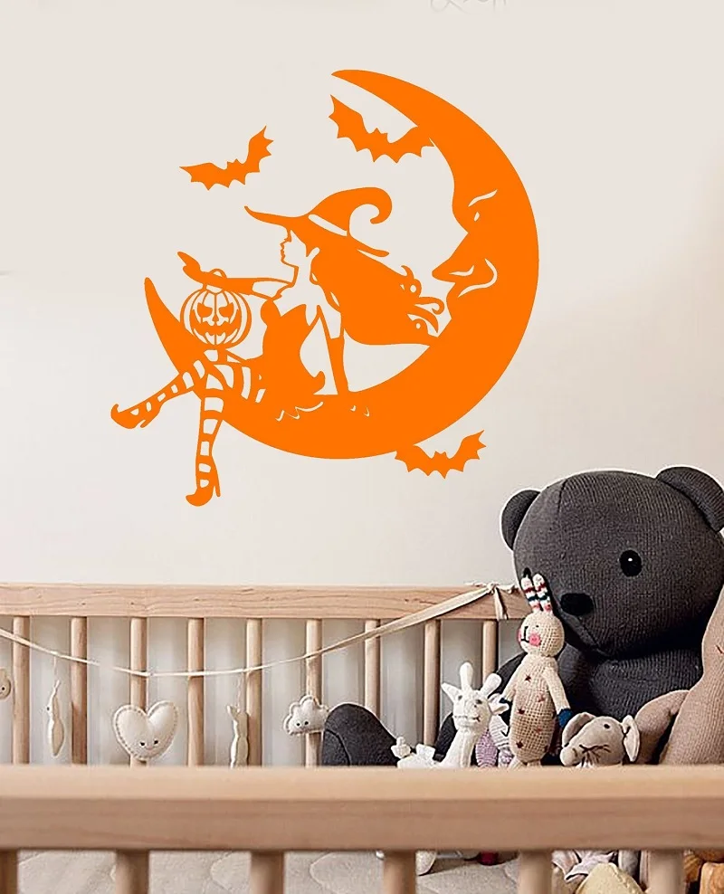 

Vinyl wall applique fairy tale Halloween witch crescent moon sticker, holiday wall sticker, home living room decoration WSJ10