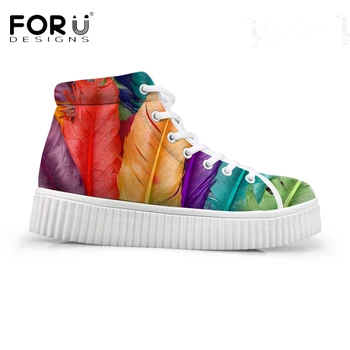 

FORUDESIGNS Colorful Feather Women Autumn High Top Casual Shoes Flats Platform Sneaker for Teenage Girls Height Increasing Woman