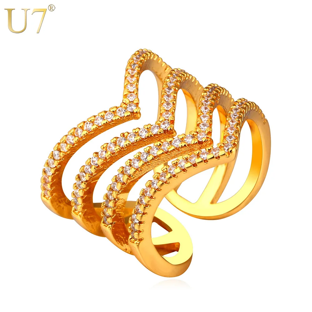 

U7 Fashion Rings For Women Jewelry Gold/Silver Color Zirconia Multi Layer Crystal Cocktail Ring Adjustable R420