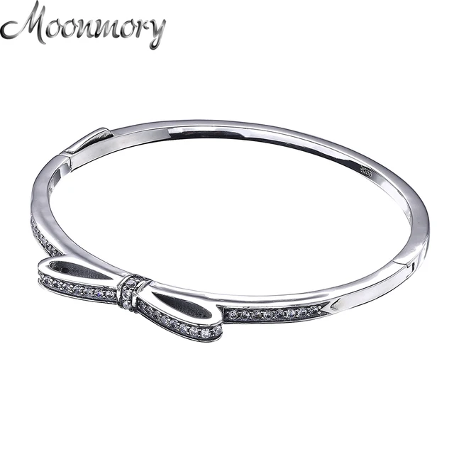 Moonmory Sparkling Bow Bangle S925 Sterling Silver Tie Shaped Moonmory Sparkling Bow Bangle S925 Sterling Silver Tie Shaped Bracelet With Clear Zircon For Woman