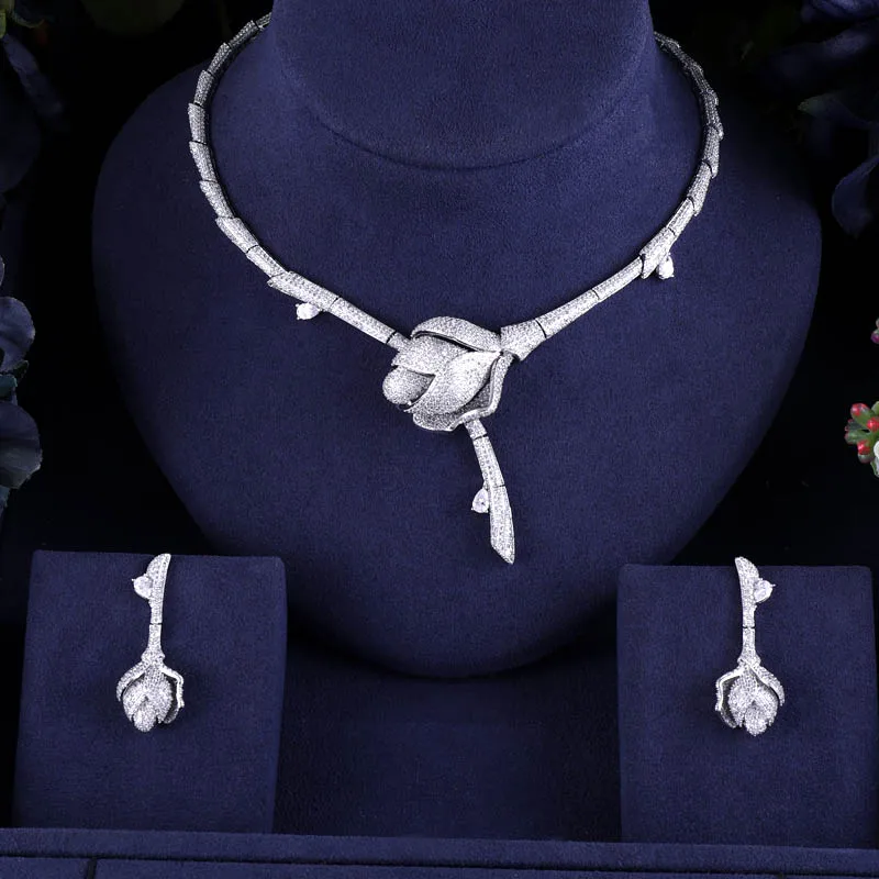 

jankelly Bamboo Knot Rose Flower Luxury Women Nigerian Wedding Naija Bride Cubic Zirconia Necklace Dubai 2PCS Jewelry Set