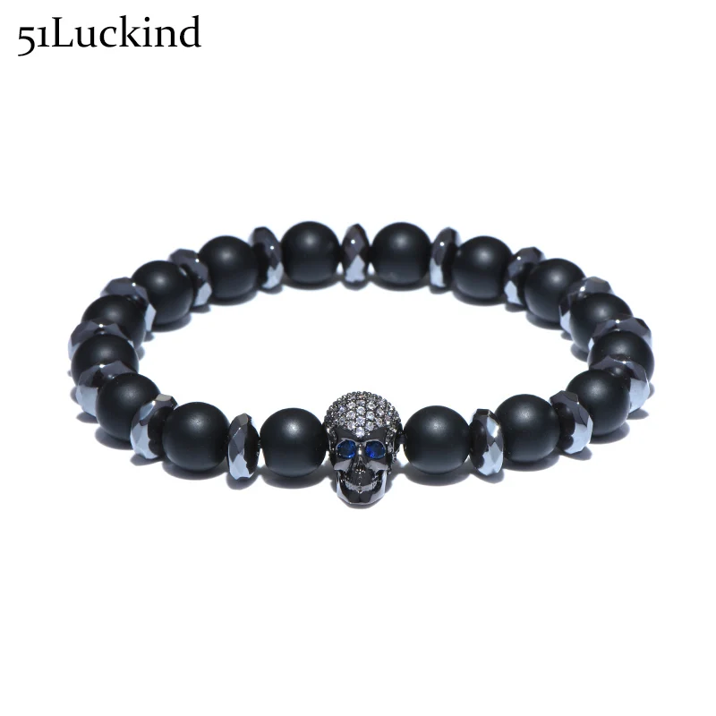 

New Arrival Men Punk Skull Head Bracelet Luxury Crystal Skeketon Natural Stone Hematite Beads Braslet For Men Jewelry Caveira
