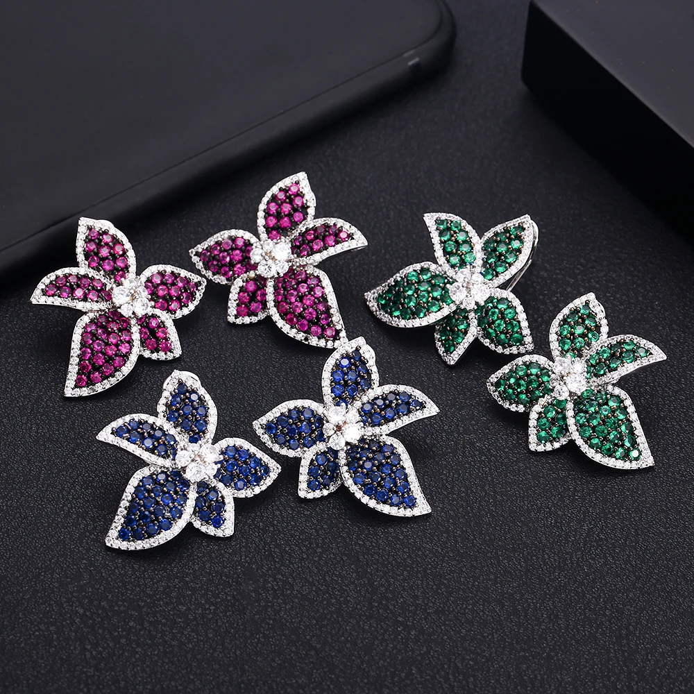 

ACCKING lovelyTrendy Asymmetric flower design Cubic Zirconia Long Pendant Wedding Party Earrings for women jewelry 2018