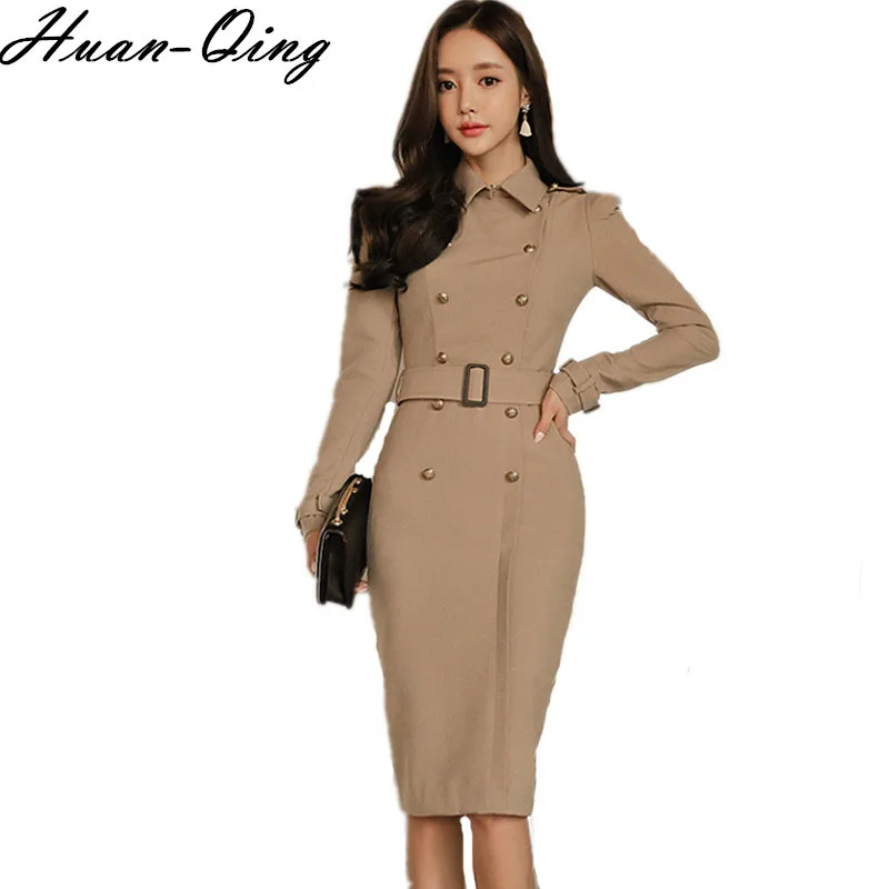 

High Quality Winter Office Lady Double Breasted Slim Pencil Dress Runway Women Long Sleeve Elegant Bodycon Dress High Quality