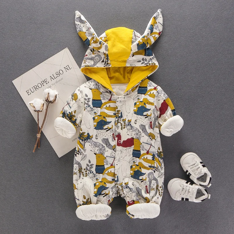 

Newborn Baby Rompers Spring Down Clothes Cartoon Girl Boy Clothing Long Sleeve Hooded Boys Girls Infant Jumpsuits Product 0-18M