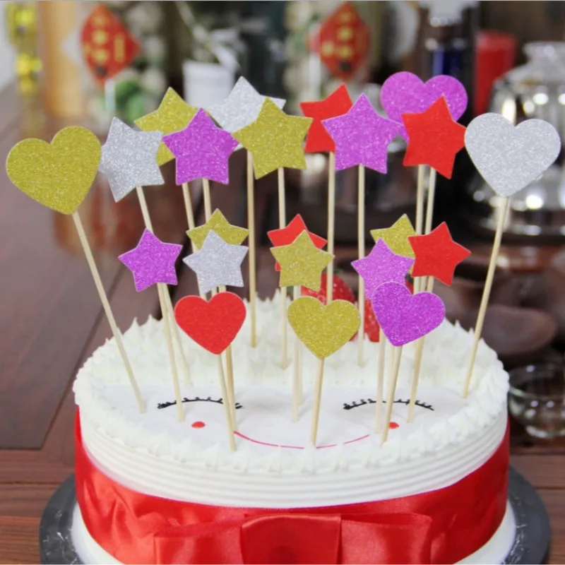 

6pcs/set Paperboard Shiny Stars and heart Kids Happy Birthday Cake Topper Cake Flags Sticker Decor Banner Card Baking DIY