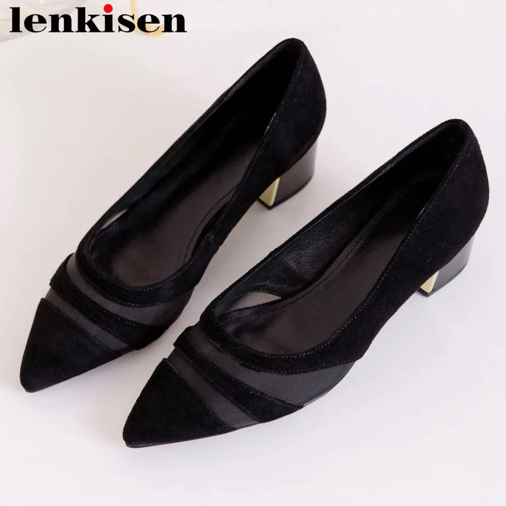 

Lenkisen new arrival pretty girls natural leather chunky heels slip on pointed toe party wedding women pumps clubwear shoes L77