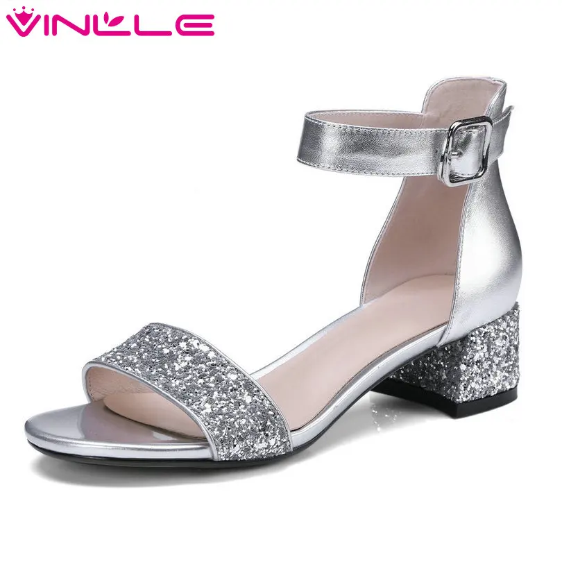

VINLLE 2018 Women Sandals Shoes Woman Peep Toe Leather Genuine Leather Square Med Heel Platform Ladies Wedding Shoes Size 34-42