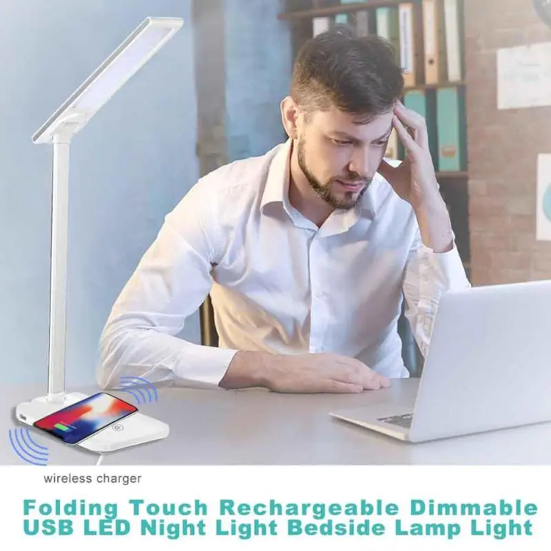 

Folding USB Rechargeable Dimmable 25LED Desk Lamp Night Light USB+ Wireless Phone Charger for iPhone X/8 Samsung Note 5/6/7/S9