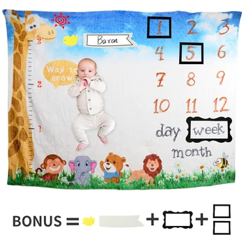 

Baby Monthly Milestone Blanket Boy Girl Baby Photography Backdrop Jungle Animals Memory Blanket For Plush Fleece Newborns Gift