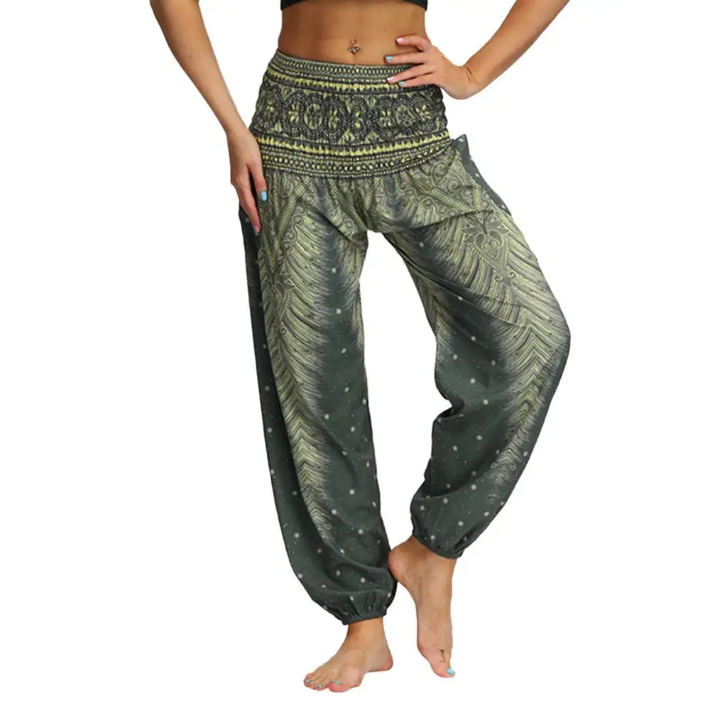 Мужские и женские повседневные свободные хиппи брюки для йоги спортивные брюки, мешковатые шаровары Boho с принтом для унисекс Мода - Цвет: Зеленый