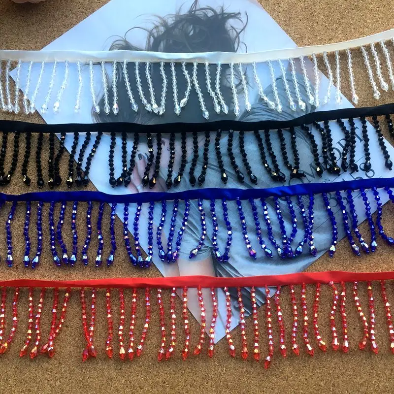 

1Yds/lot 6cm wide Black white blue red beaded glass hanging beads ribbon lace DIY wedding dress skirt accessories AC713