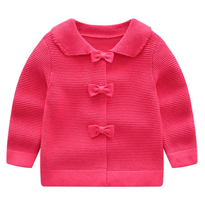 Бант для маленьких девочек, вязаный свитер, однотонный Милый хлопковый вязаный кардиган принцессы с металлической пряжкой и отворотами - Цвет: Rose red